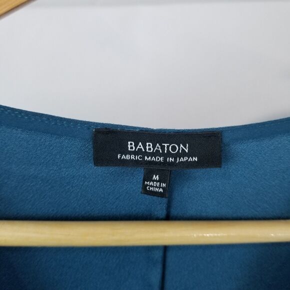 Aritzia Babaton Dress Medium Teal Faux Wrap 3/4 Sleeve Japan V Neck Mini - Picture 3 of 7